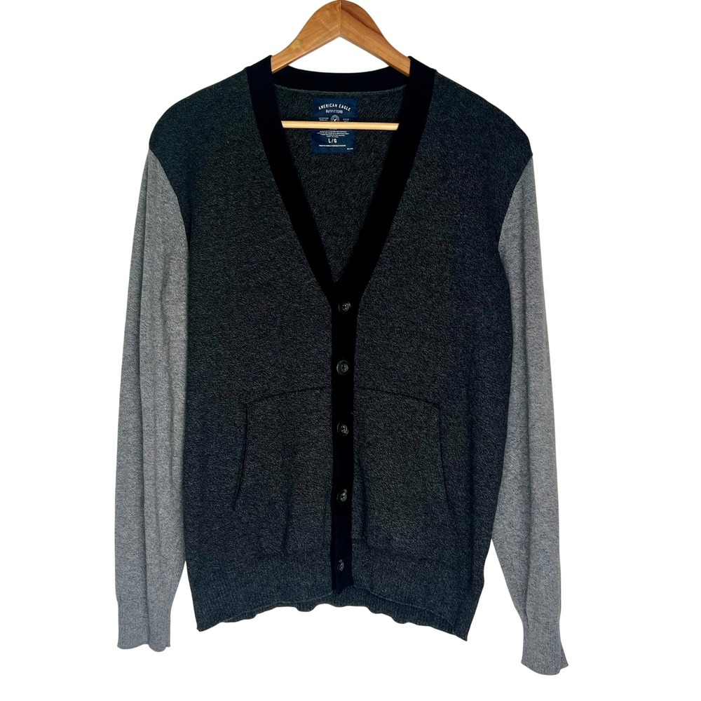 American Eagle Men L Gray Colorblock Cotton Button Front Cardigan Sweater Pocket